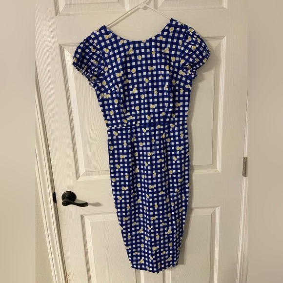 T34a- COLLECTIF LONDON Blue-White GINGHAM Plaid DAISIES Midi DEMIRA Sheath Dress - Picture 9 of 10